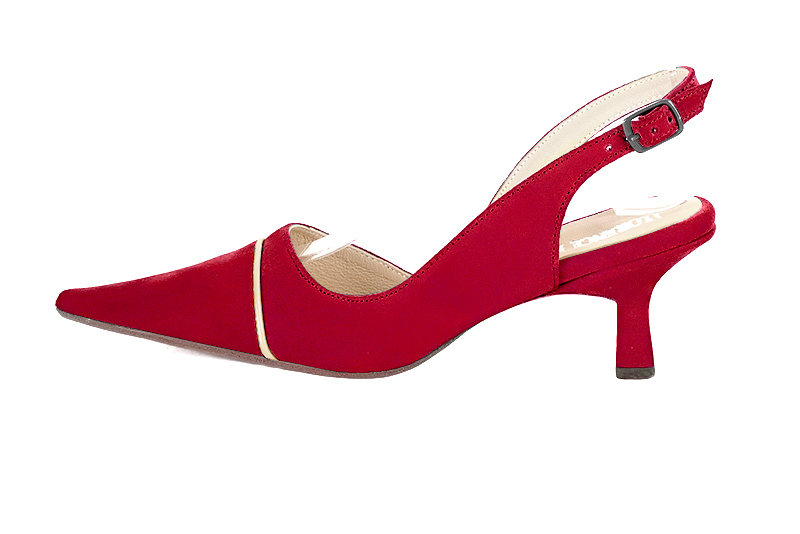 Cardinal red and gold women's slingback shoes. Pointed toe. Medium spool heels. Profile view - Florence KOOIJMAN
